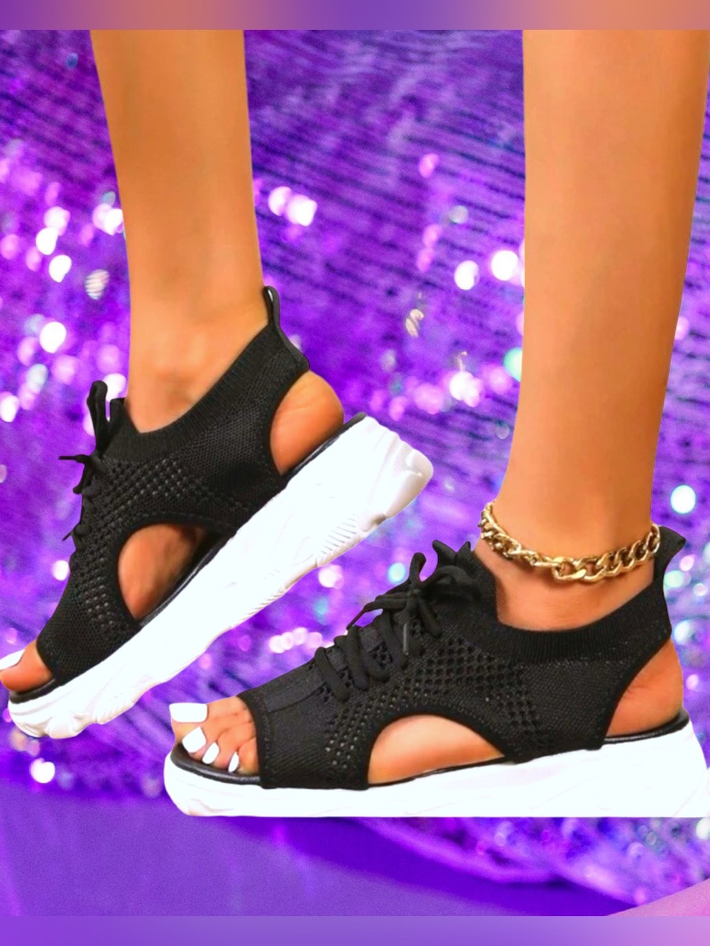 Boutique Women’s Black & White Open-Toed Lace-Up Knit Sneakers Sandals⭐️⭐️Sz: 10